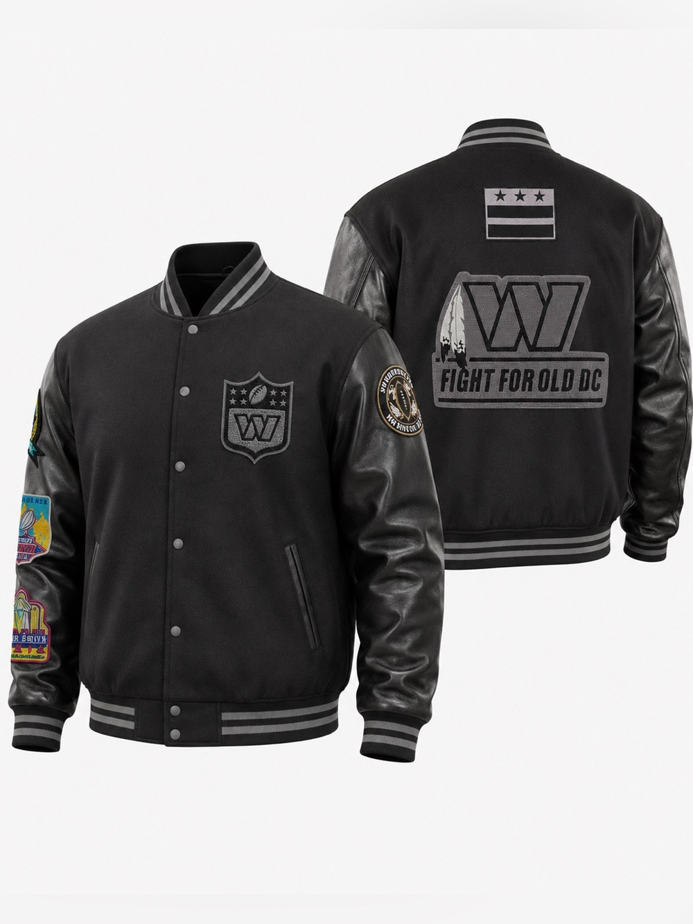 Black Commanders Varsity Jacket with Leather Sleeves Size M, 2XL, 3XL, and 4XL